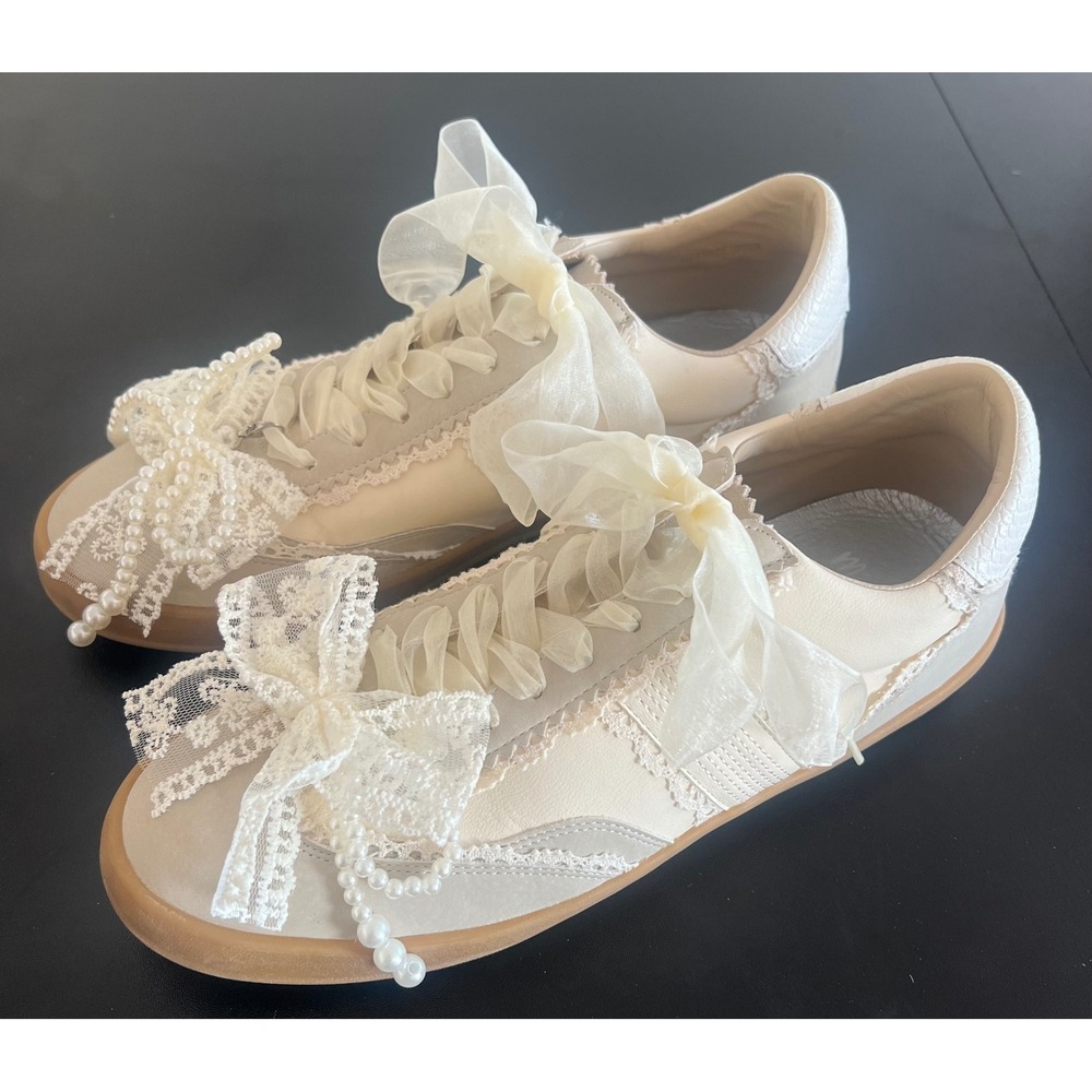 Mi.iM Cream Lace Coquette Sneakers w/Pearl Bow Charms and Organza Laces Womens 9